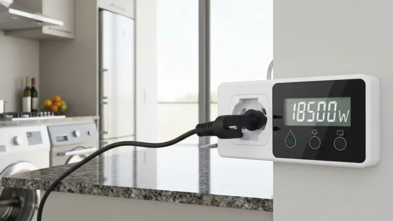 Miernik mocy gniazdkowy plug-in podłączony między gniazdko ścienne a pralką, pokazujący odczyt poboru energii na wyświetlaczu LCD