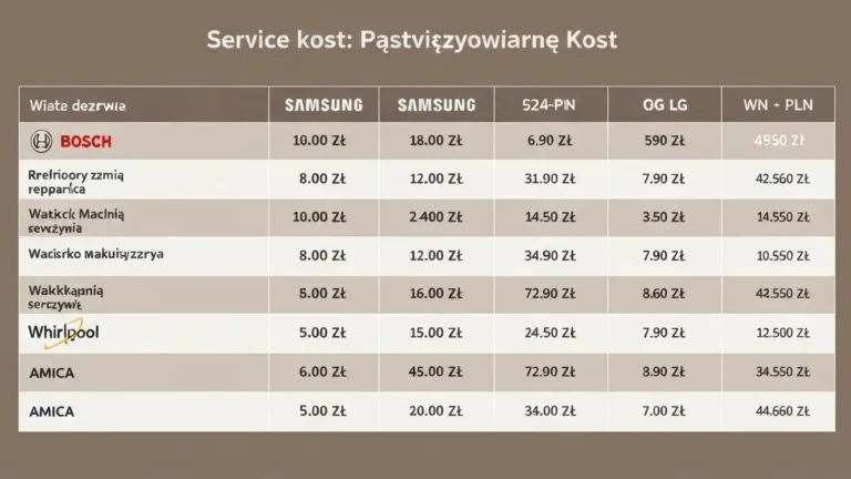 Tabela porównawcza cen serwisu dla marek AGD: Bosch, Samsung, LG, Whirlpool, Amica