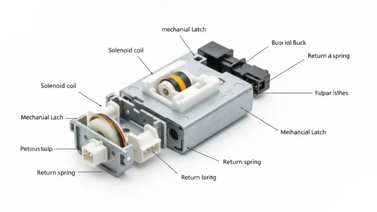 Zamek drzwi pralki z rozłożonymi komponentami: solenoid, zatrzask, sprężyna i przewody elektryczne