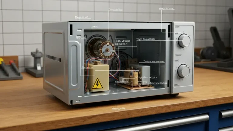 Rozmontowana mikrofalówka z widocznym magnetronem, kondensatorem i innymi komponentami, z ostrzeżeniami bezpieczeństwa