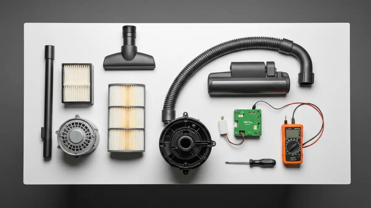 Odkurzacz rozebrany na części podczas naprawy DIY, filtr i wąż na stole