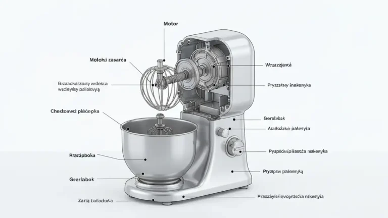 Robot kuchenny rozłożony na części – widok silnika, miska, napędu i paska