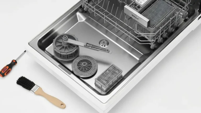 Zmywarka Whirlpool otwarta z widoczną pompą odpływową i rozpylaczem