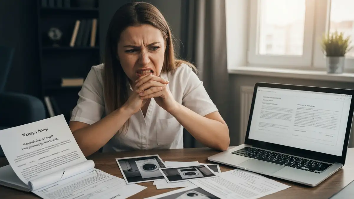 Konsument otwierający list z odmową reklamacji od serwisu, stół z dokumentami, telefonem i laptopem