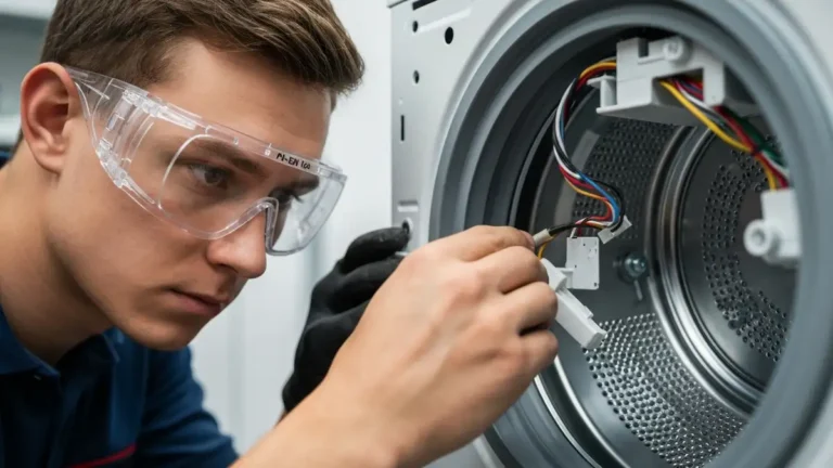 Techniczny serwisant noszący przezroczyste okulary ochronne podczas naprawy wnętrza pralki, widok zbliżony na okulary z certyfikatem PN-EN 166