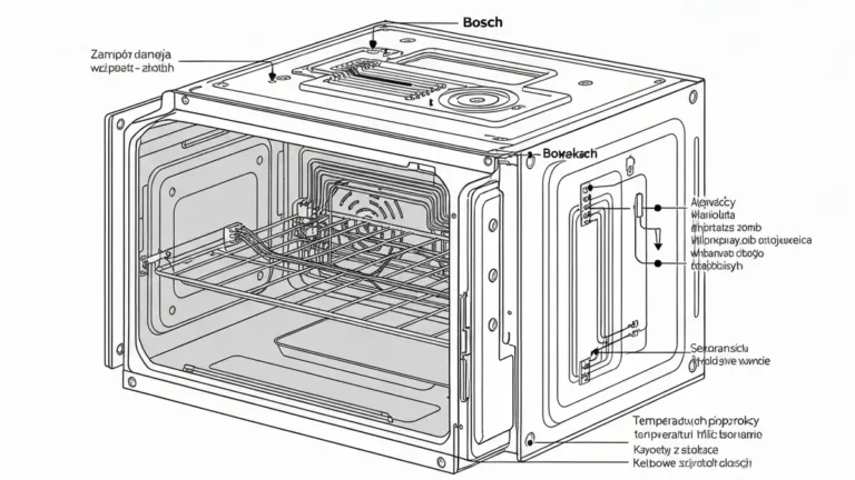 Piekarnik Bosch ze schematem głównych części: termoelement, sonda temperaturowa, przewody, moduł elektroniczny
