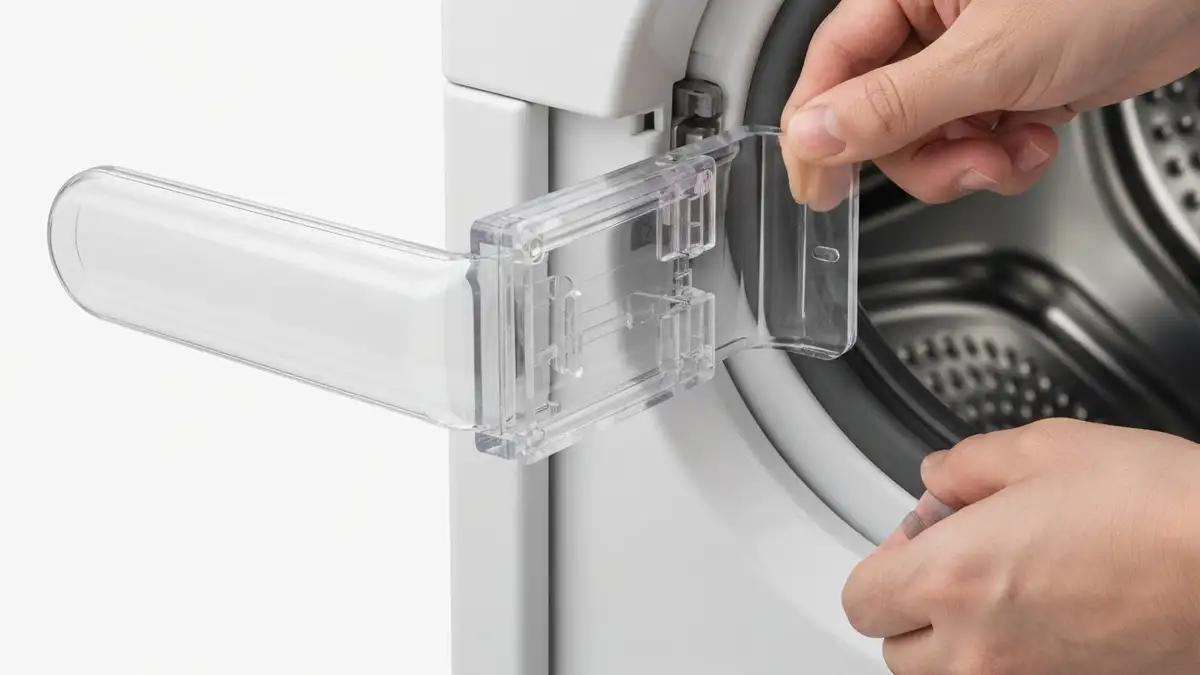 Plastikowy otwieracz do paneli AGD leżący na otwartym panelu bocznym pralki, pokazujący prawidłowe położenie narzędzia względem zatrzasków