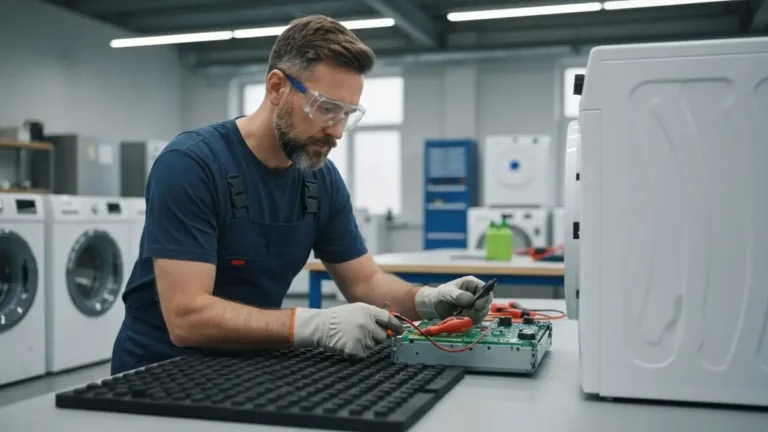 Technik w warsztacie naprawy AGD pracuje na macie izolacyjnej gumowej – widać multimetr, śrubokręty i kompomenty elektroniczne pralki