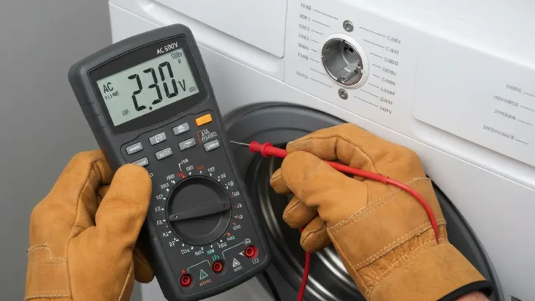 Multimetr cyfrowy ustawiony na tryb pomiaru napięcia AC 230V, podłączony do wtyczki zasilającej pralki, z wyświetlaniem wartości około 230V