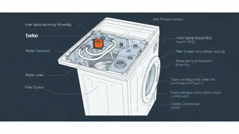 Pralka Beko z otwartym panelem górnym pokazującym zawór wlotowy i cewkę elektromagnetyczną
