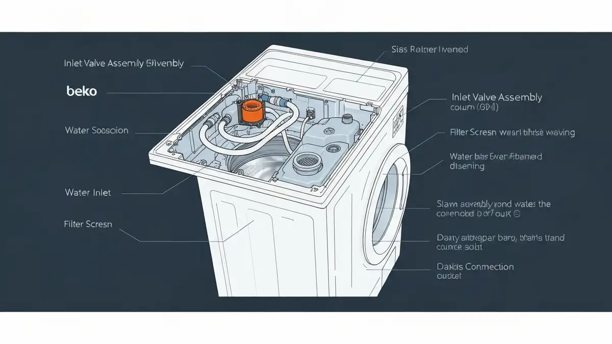 Pralka Beko z otwartym panelem górnym pokazującym zawór wlotowy i cewkę elektromagnetyczną
