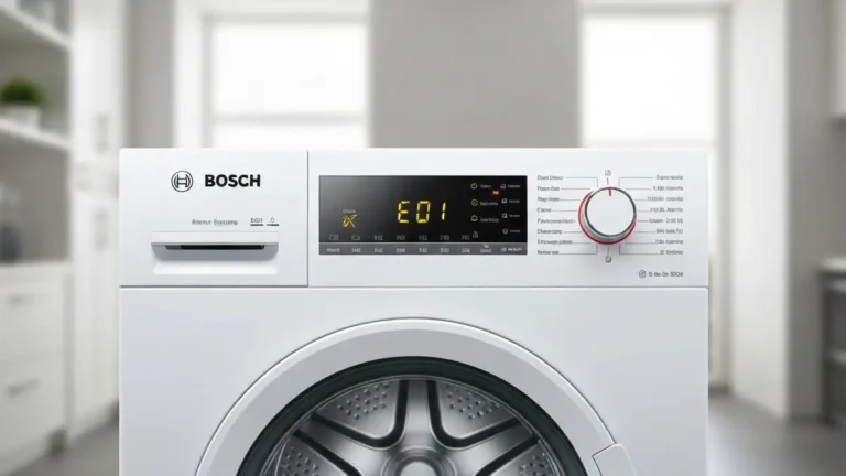 Wyświetlacz pralki Bosch pokazujący kod błędu E na ekranie LCD, pralka nowoczesna w tyle