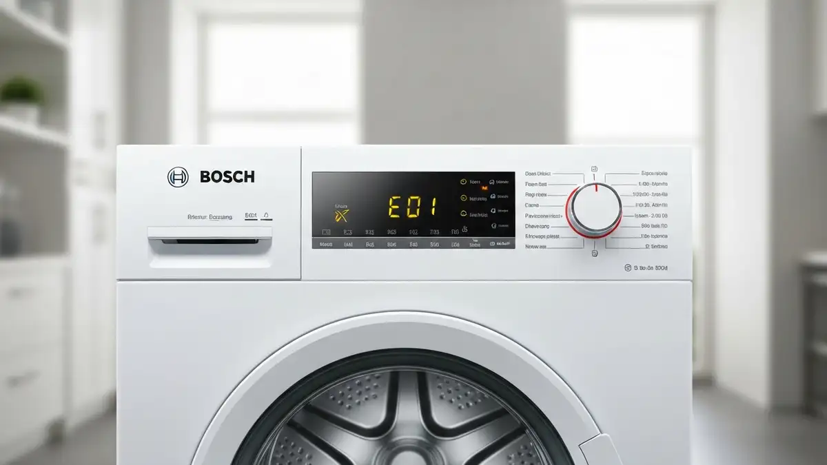 Wyświetlacz pralki Bosch pokazujący kod błędu E na ekranie LCD, pralka nowoczesna w tyle
