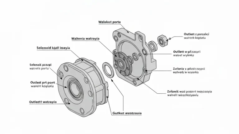 Schematyczny diagram zaworu wlotowego pralki z solenoidu, przepustnicą wodną i złączkami