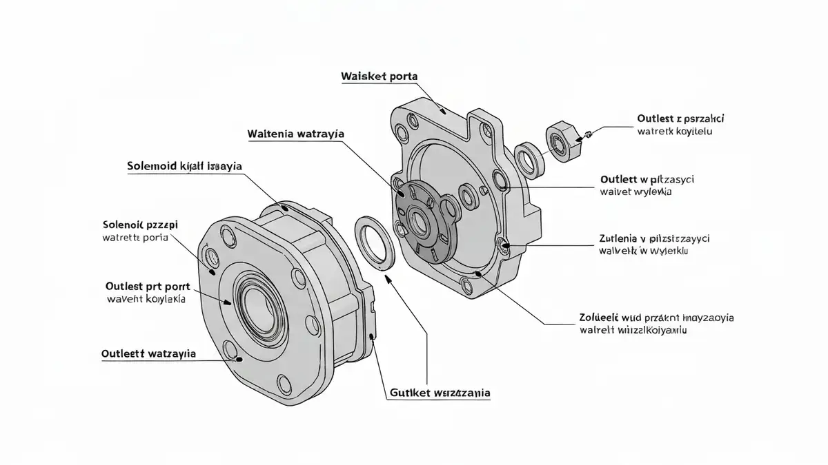 Schematyczny diagram zaworu wlotowego pralki z solenoidu, przepustnicą wodną i złączkami