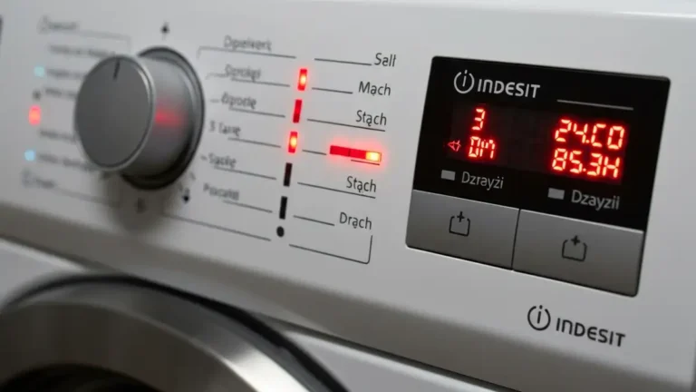 Pralka Indesit ze świecącymi diodami błędu trzecia i piąta na panelu sterowania