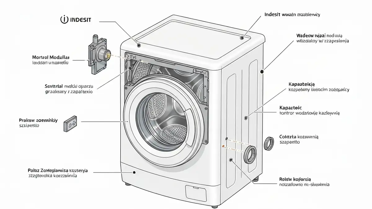 Rozkład części pralki Indesit odpowiadające za wirowanie: pompa, moduł sterowania, karbik