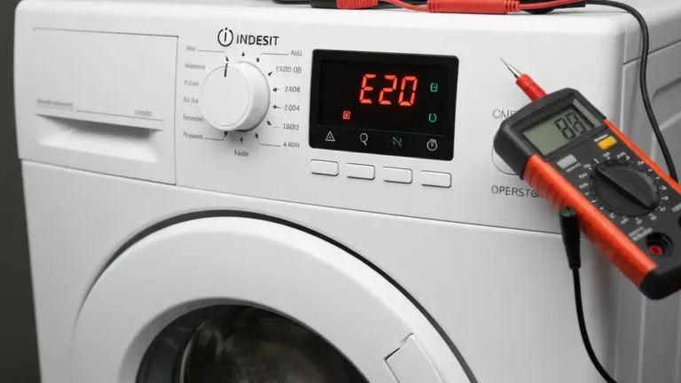 Pralka Indesit z wyświetlonym kodem błędu E20 na panelu sterowania i drzwiami zablokowanymi