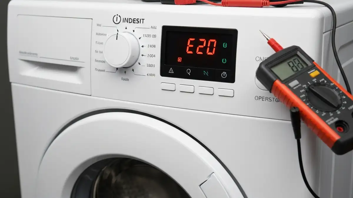 Pralka Indesit z wyświetlonym kodem błędu E20 na panelu sterowania i drzwiami zablokowanymi