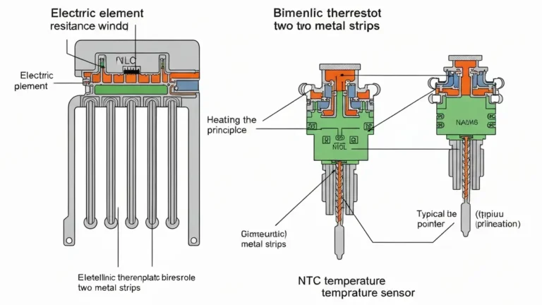 Schemat grzałki elektrycznej, termostatu bimetalicznego i czujnika NTC w pralce z opisami funkcji każdego komponentu