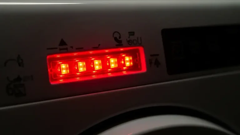 Zbliżenie na diodę LED mrugającą na obudowie pralki Whirlpool w sekwencji sygnału błędu