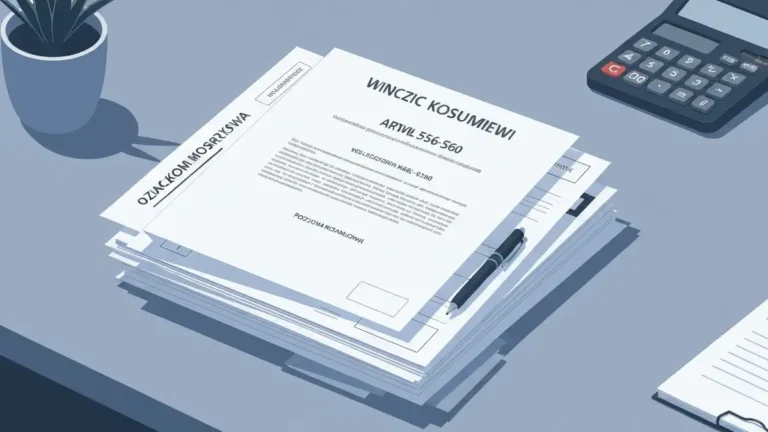 Paragrafy kodeksu cywilnego i dokument reklamacji AGD leżący na biurku z piórem i kalkulatorem