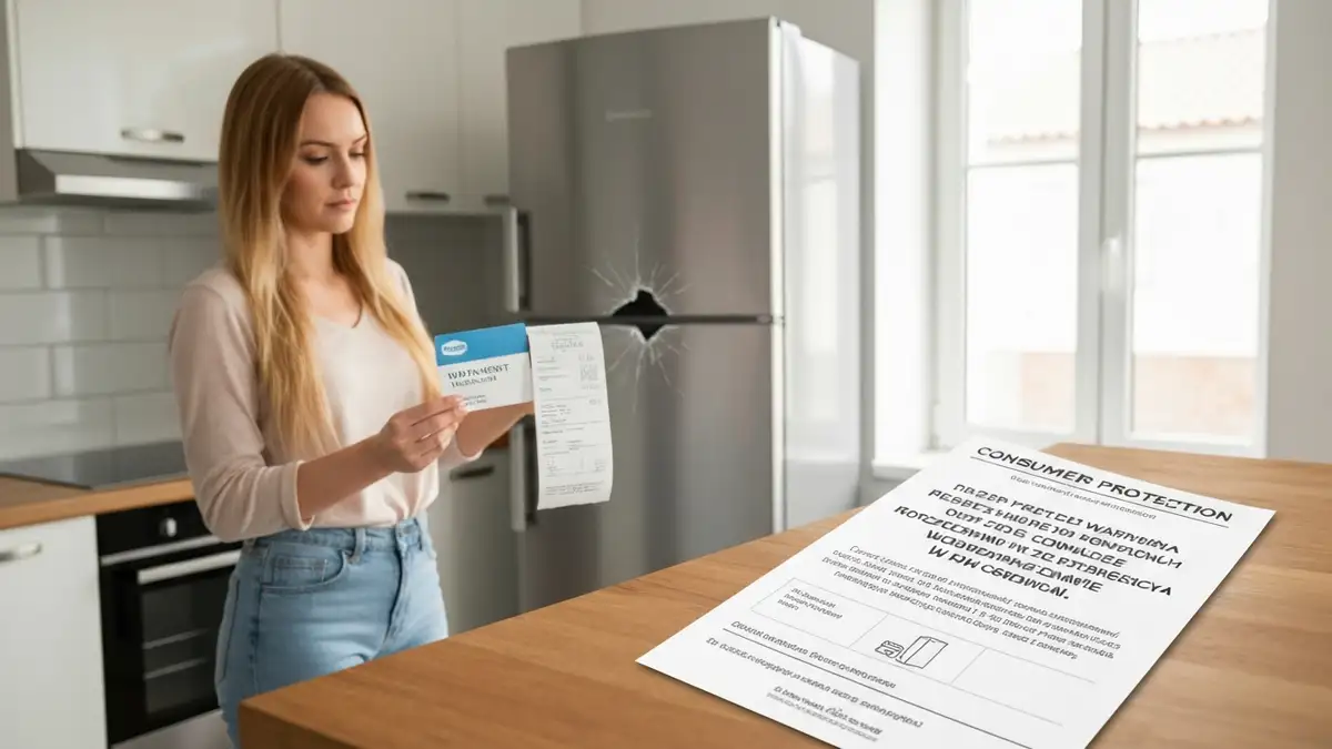 Kobieta trzymająca kartę gwarancji i paragon do lodówki, w tle zepsuty sprzęt AGD