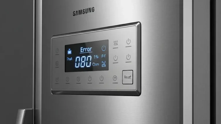 Panel sterowania lodówki Samsung z przyciskami resetowania, kod błędu na wyświetlaczu