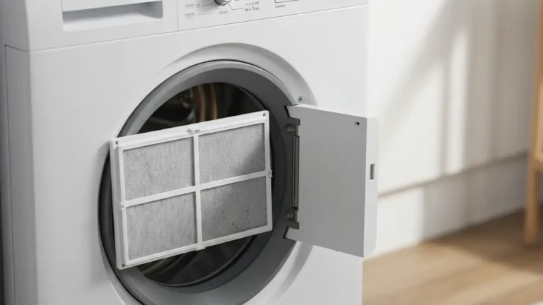 Pralka Beko z otwartą komorą filtra i wyciągniętym filtrem osadów