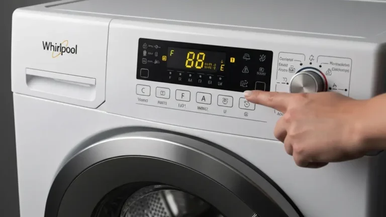 Pralka Whirlpool z wyświetlanym kodem błędu na panelu sterowania; ręka wskazuje wtyczkę do gniazda elektrycznego