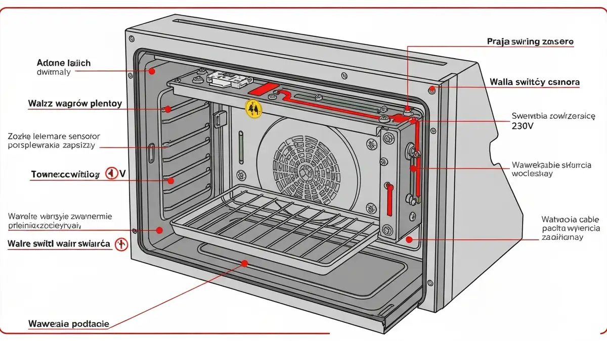 Schemat anatomii piekarnika z zaznaczonym napięciem elektrycznym i punktami zagrożenia porażeniem – ilustracja bezpieczeństwa AGD