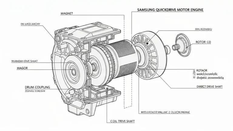 Schemat silnika Samsung QuickDrive z opisanymi komponentami