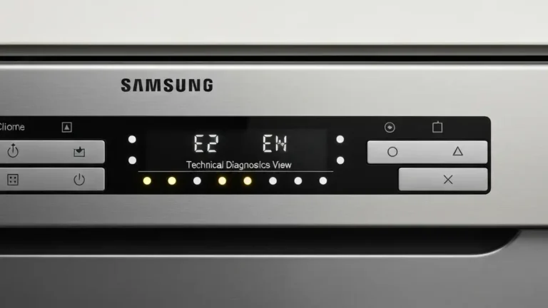 Panel zmywarki Samsung z wyświetlanym kodem błędu E2 i diodami wskaźnikowymi