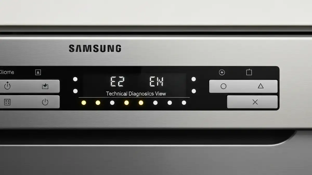 Panel zmywarki Samsung z wyświetlanym kodem błędu E2 i diodami wskaźnikowymi