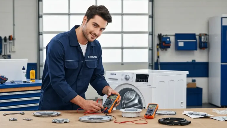 Technik serwisowy Samsung w mundurze roboczym dokonujący diagnozy pralki za pomocą multimetru i testera
