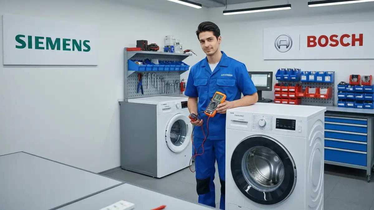 Logo Siemens i Bosch obok siebie, technik w niebieskiej koszuli trzymający multimetr przy pralce, tło warsztat serwisowy