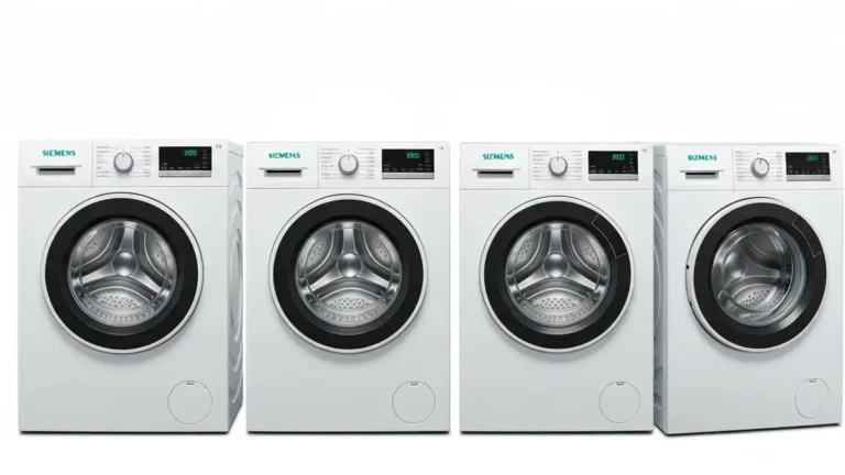 Porównanie trzech serii pralki Siemens: IQ300, IQ500 i IQ700 – widok frontu urządzeń z oznaczeniami serii