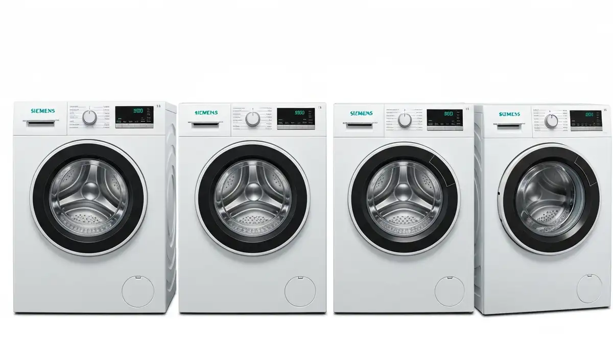 Porównanie trzech serii pralki Siemens: IQ300, IQ500 i IQ700 – widok frontu urządzeń z oznaczeniami serii