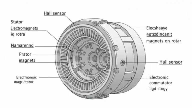 Schemat budowy silnika bezszczotkowego iQdrive w pralce Siemens z komutatoremm elektronicznym i czujnikiem Halla