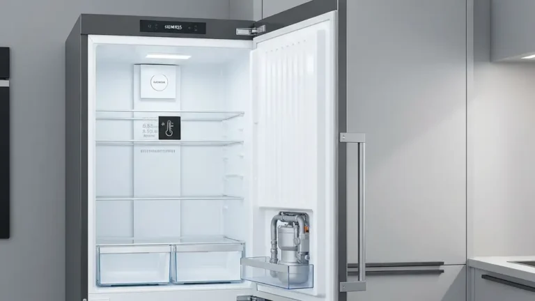 Lodówka Siemens z zapalonym alarmem temperatury na wyświetlaczu, drzwi niedomknięte, sprężarka chłodząca