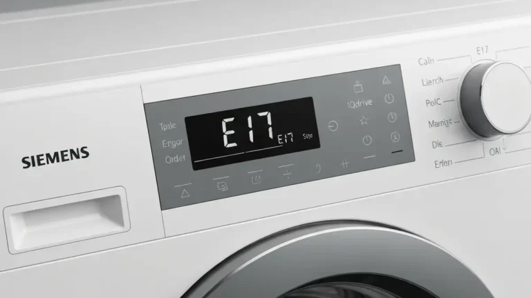 Panel sterowania pralki Siemens iQdrive wyświetlający kod błędu E17 na ekranie LCD