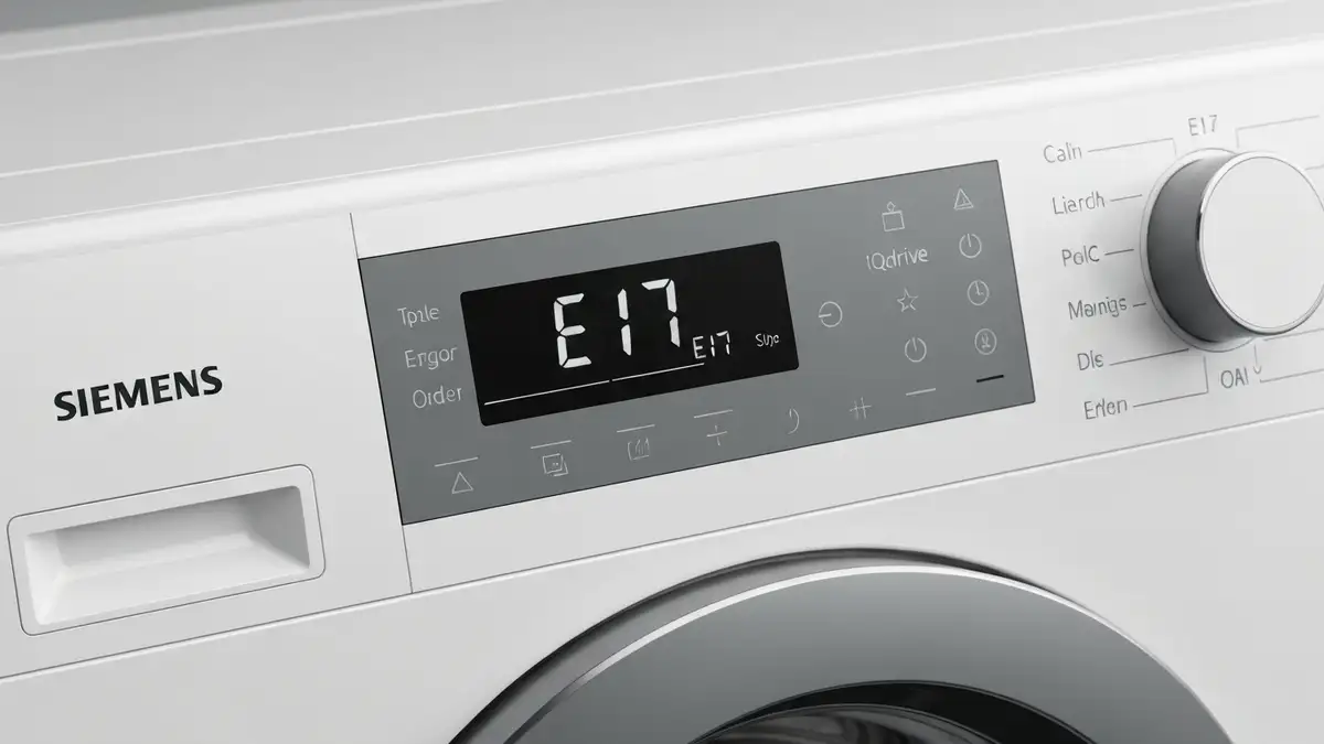 Panel sterowania pralki Siemens iQdrive wyświetlający kod błędu E17 na ekranie LCD