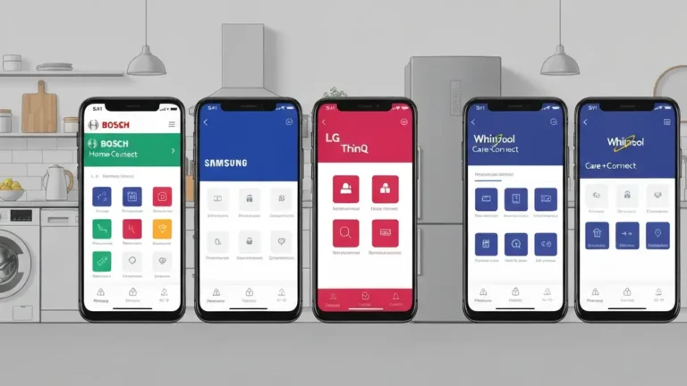 Porównanie aplikacji smart AGD: Home Connect, SmartThings, ThinQ, Care + Connect na ekranach smartfonów
