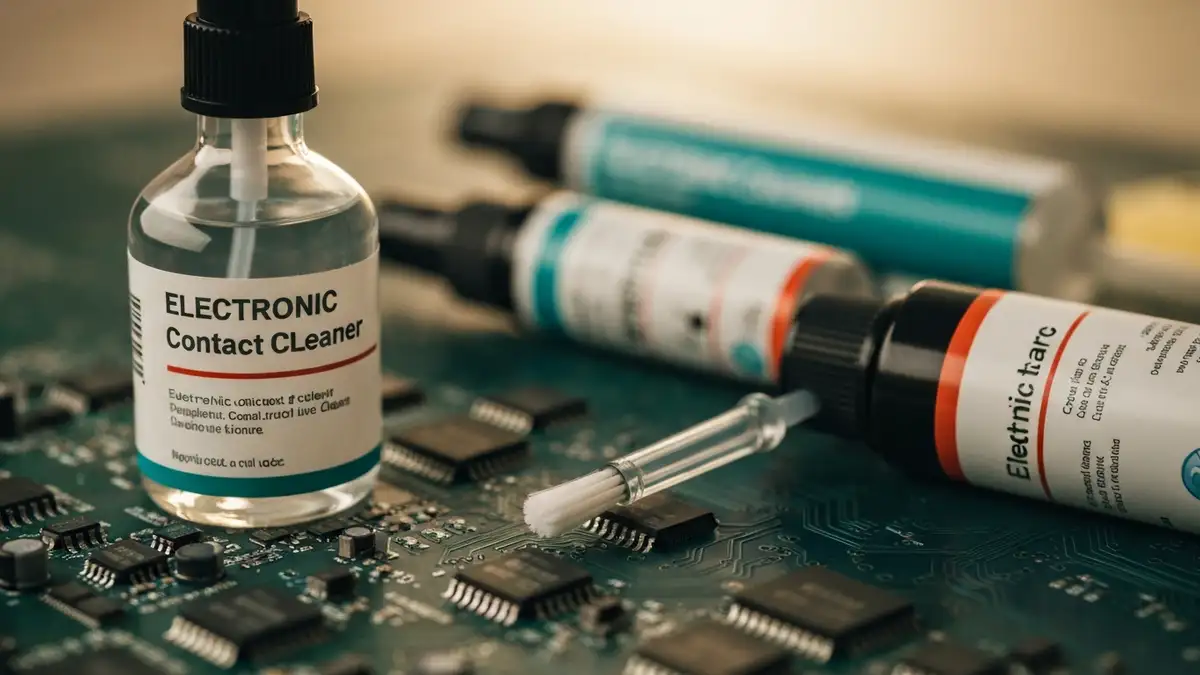 Zestaw produktów do czyszczenia styków elektrycznych: CRC, Kontakt 60, WD-40 Specialist, rozpylacz i pędzelek na tle płytki elektronicznej pralki