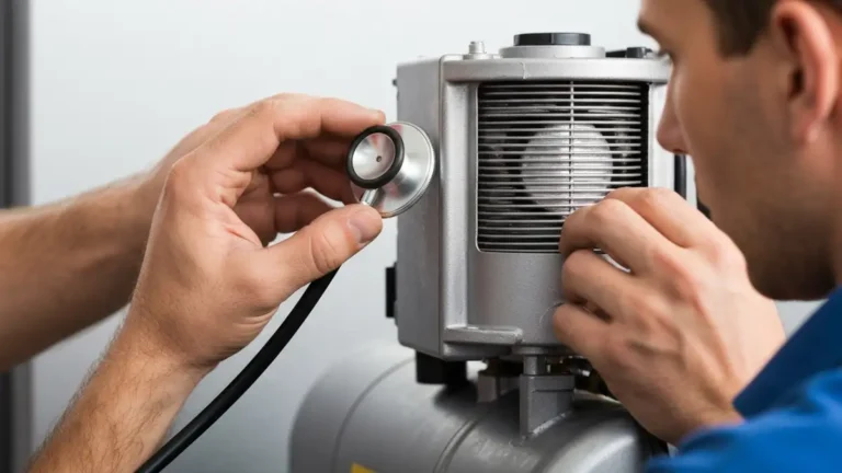 Stetoskop elektromechaniczny przyłożony do obudowy sprężarki lodówki podczas diagnostyki hałasu