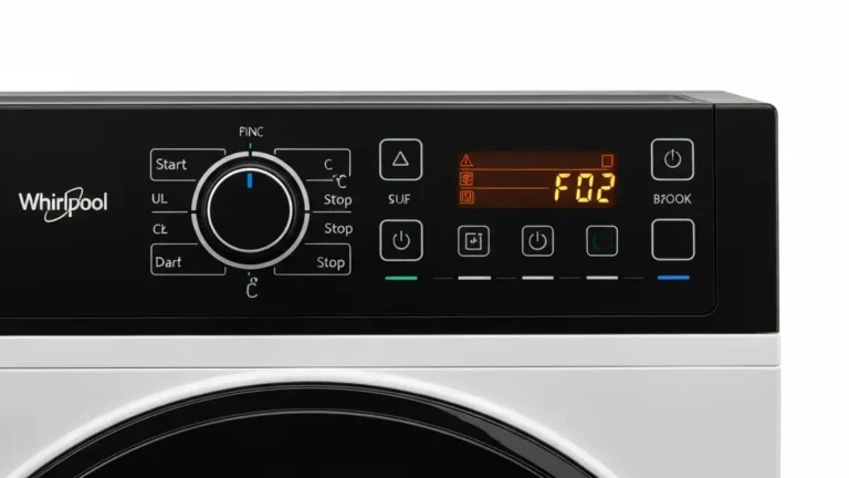 Panel sterujący pralki Whirlpool z przyciskami Start, Stop i pokrętłem temperatury w trybie serwisowym, wyświetlacz LCD pokazuje kod diagnostyczny F02