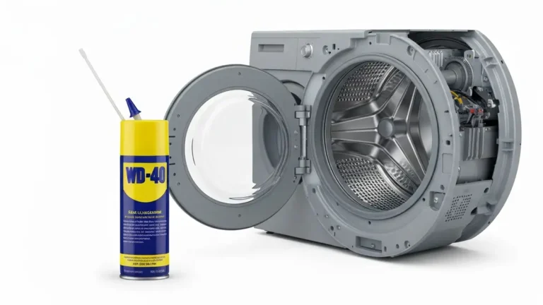Puszka WD-40 obok rozpylacza aplikatora na tle rozmontowanej pralki z widocznymi zawiasami