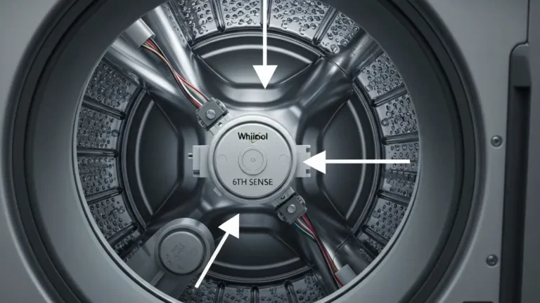Sensor 6TH SENSE wewnątrz bębna pralki Whirlpool - widok zbliżony z zaznaczonym czujnikiem