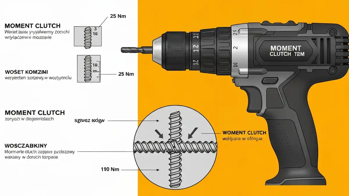 Wkrętarka akumulatorowa 18V z wyświetlaczem momentu obrotowego obok diagramu gwintu – porównanie prawidłowego i uszkodzonego gwintu