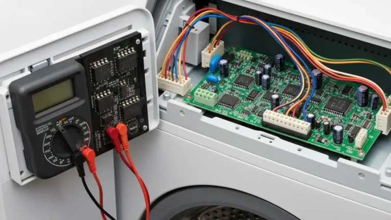 Wymiana programatora w pralce – otwarty panel sterowania z zaznaczonym modułem elektronicznym
